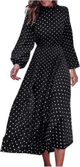 Elegant Dresses for Women Round Neck Polka Dot Long Sleeve Fall Dress Midi Semi Formal Business Casual Dress