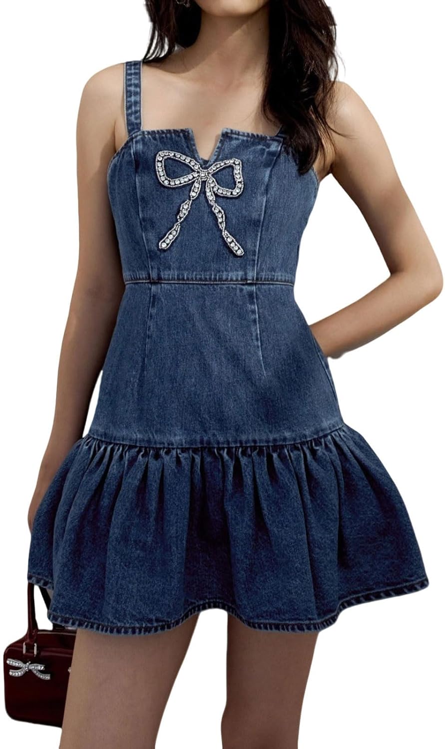 utcoco Denim Dress for Women Trendy Rhinestone Bow Adjustable Strap Ruffle A Line Mini Jean Dresses