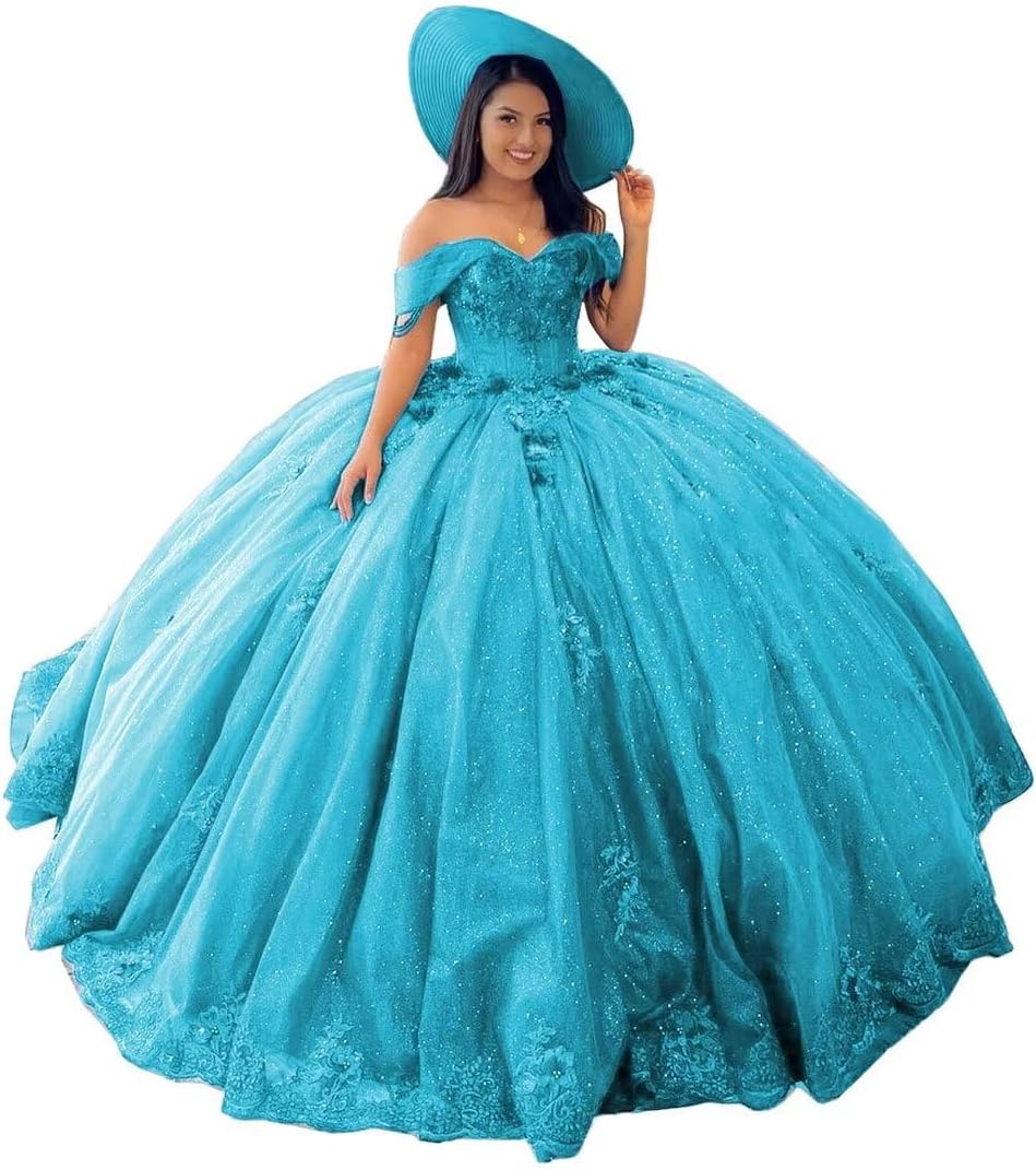 Mouccy Gorgeous Beaded Floral Quinceanera Dresses 2023 Off Shoulder Lace Prom Gowns Puffy Sweet 16 Dresses with Train XXF051