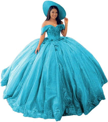 Mouccy Gorgeous Beaded Floral Quinceanera Dresses 2023 Off Shoulder Lace Prom Gowns Puffy Sweet 16 Dresses with Train XXF051