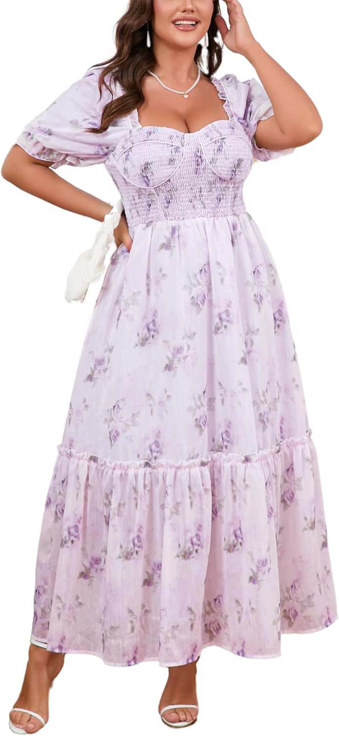 EYWOL Women's Plus Size Floral Maxi Dress Puff Sleeves Cottagecore Corset Dresses Flowy Smocked Formal Casual Party Wear