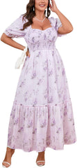 EYWOL Women's Plus Size Floral Maxi Dress Puff Sleeves Cottagecore Corset Dresses Flowy Smocked Formal Casual Party Wear