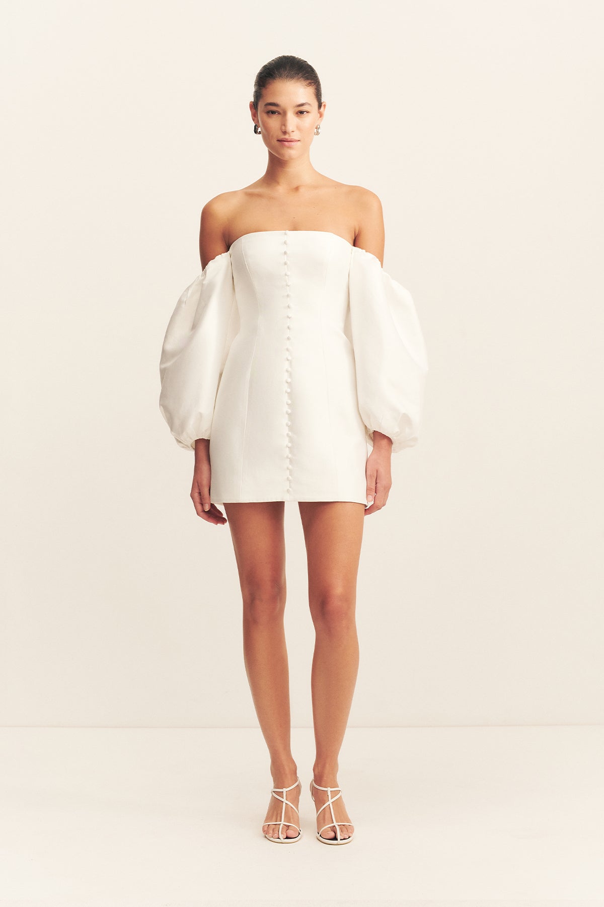 CALCITE BALLOON SLEEVE OFF SHOULDER MINI DRESS_F