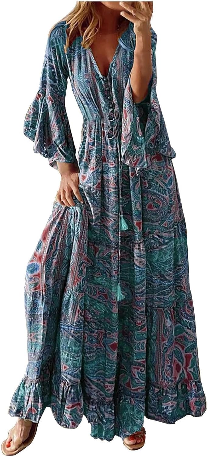 Zhyaj Boho Floral Printed Dress for Women Puff Sleeve V Neck Maxi Dress Casual Dressy Empire Waist Flowy Beach Long Dress