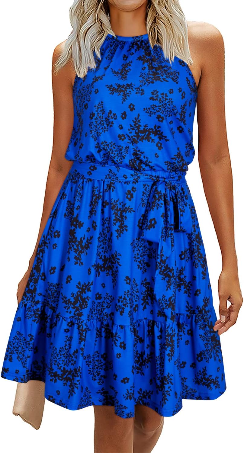 Newshows Womens 2026 Summer Dress Halter Wedding Guest Casual Beach Vacation Outfits Belted Sundresses with Pockets