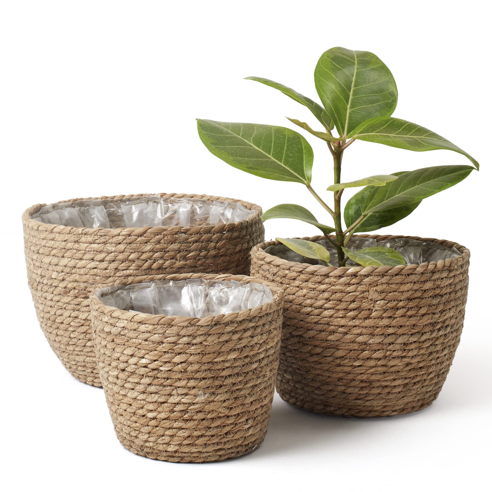 La Jolíe Muse Seagrass Planter Basket Indoor, Flower Pots Cover, Plant Containers, Natural, 3-Pack
