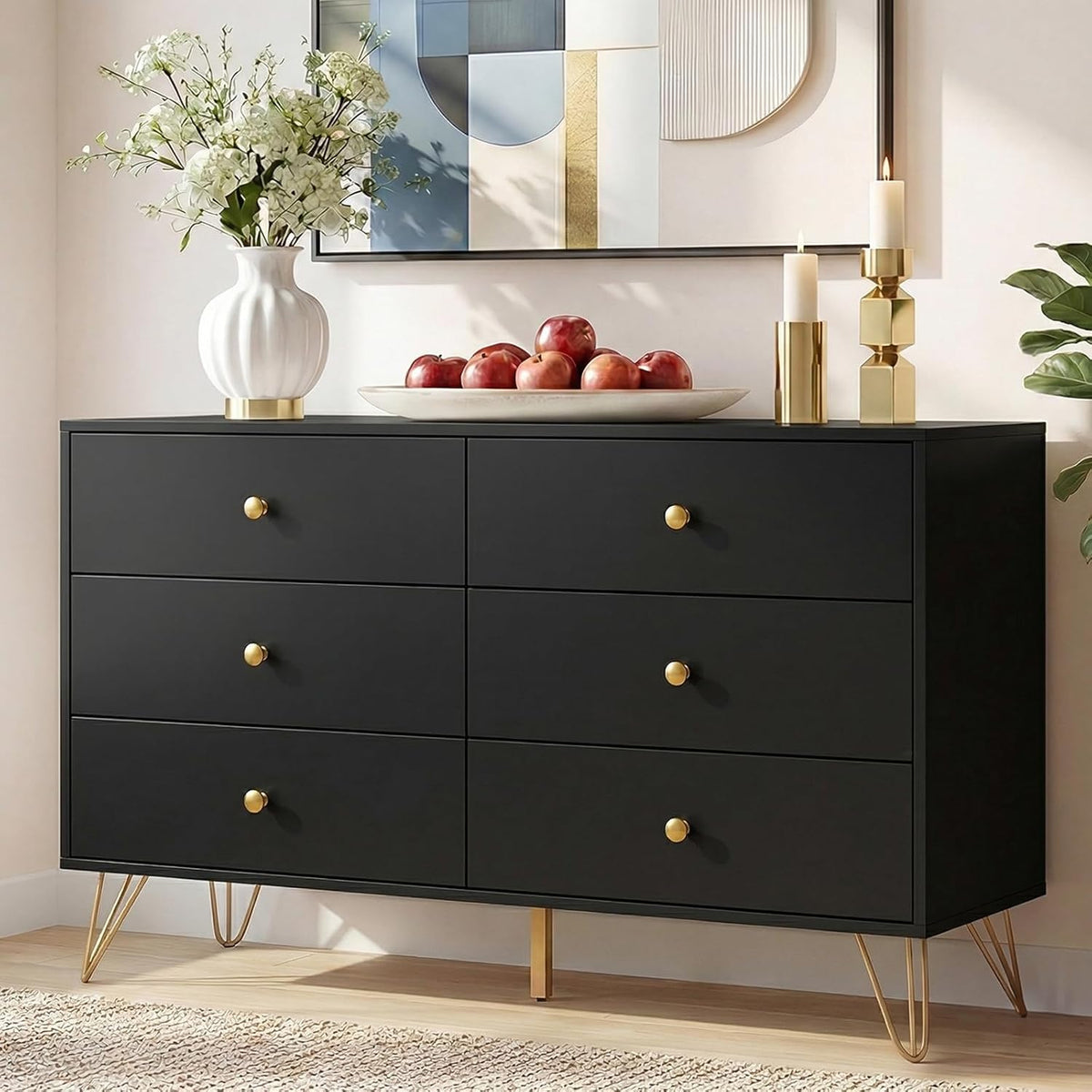 Tradare Black Dresser for Bedroom, 6 Drawer Dresser with Golden Handles, Large Storage Cabinet, Modern Chest of Drawers Organizer Storage for Hallyway, Entryway