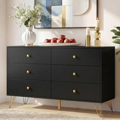 Tradare Black Dresser for Bedroom, 6 Drawer Dresser with Golden Handles, Large Storage Cabinet, Modern Chest of Drawers Organizer Storage for Hallyway, Entryway