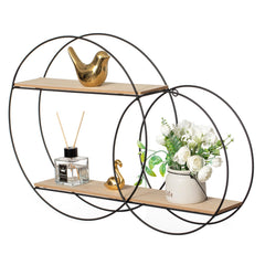Vintiquewise Interlinked Round Wall-Mounted Shelf - Dual-Size Circular Design, Sturdy Metal Frame and 2-Tier Wooden Shelves for Modern Decor, Home Organization and Practical Storage Solutions, Black