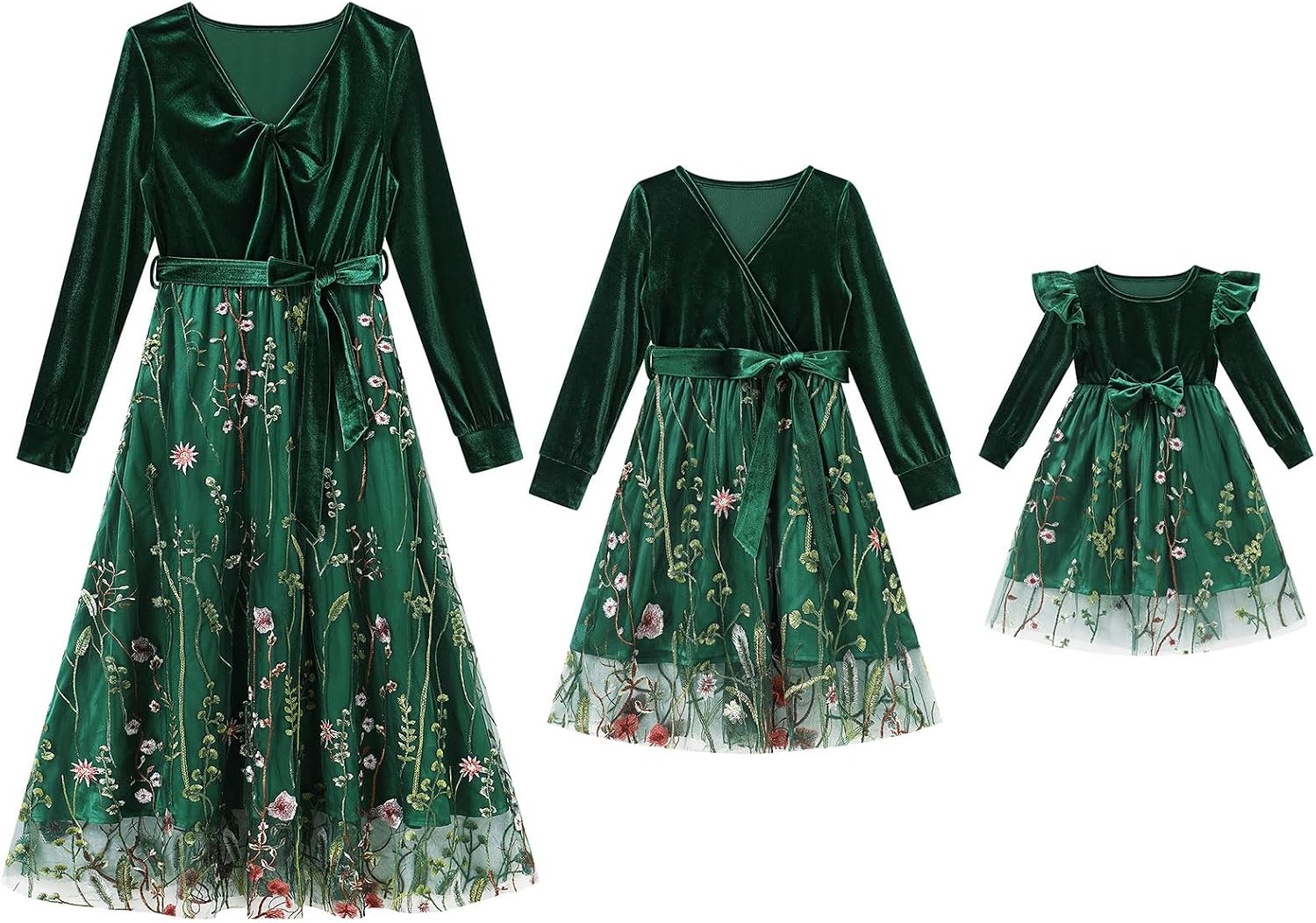 AWIBMK Mommy and Me Christmas Long Sleeve Floral Embroidered Tulle Velvet Dress with Belt Fall Winter Holiday Matching Outfit
