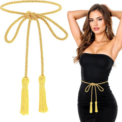Gold Rope Belt, 2 Pcs 67 Inch Long Braided Tassel Belt, Rope Belts, Tie Belts for Women Skirt Dress Toga Accessories (Gold)