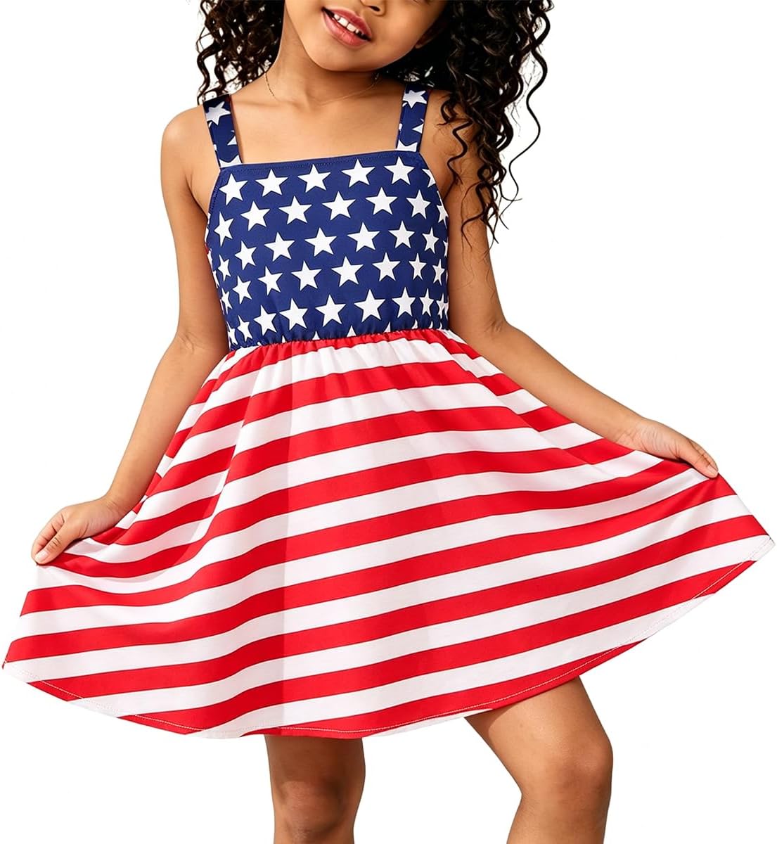 Akyzic Girls 4th of July Outfit American Flag Dress Crisscross Back Red White and Blue Patriotic Dresses