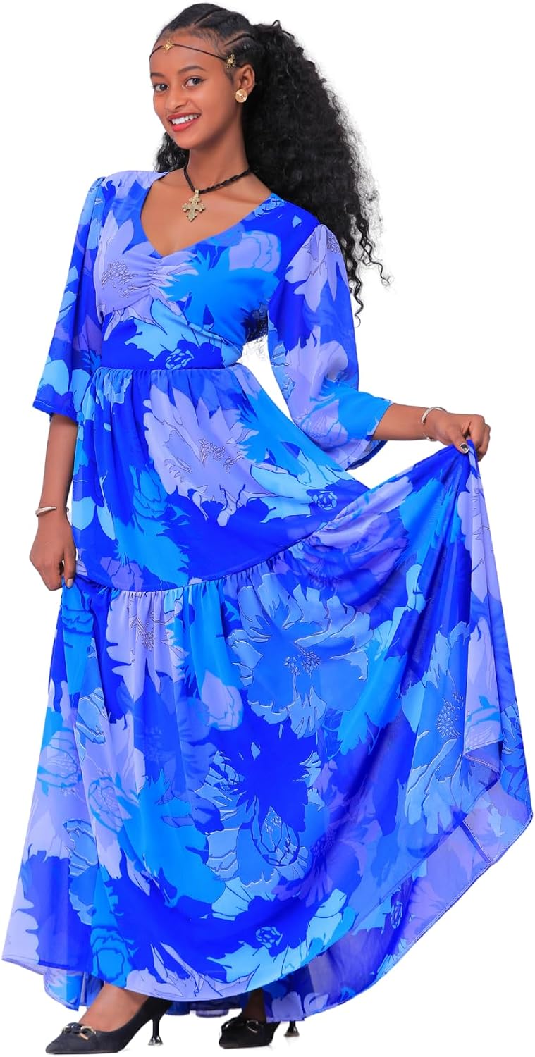Ethiopian Women's Traditional Chiffon Dress with Netela – Habesha Kemis for Cultural Celebrations & Holidays