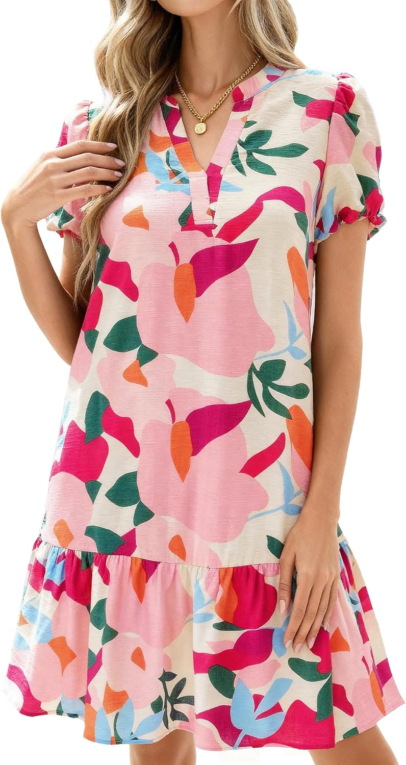 dowerme Womens Summer Dresses 2026 Puffy Sleeve V Neck Loose Floral Print A Line Boho Mini Babydoll Dress with Pockets