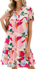 dowerme Womens Summer Dresses 2026 Puffy Sleeve V Neck Loose Floral Print A Line Boho Mini Babydoll Dress with Pockets
