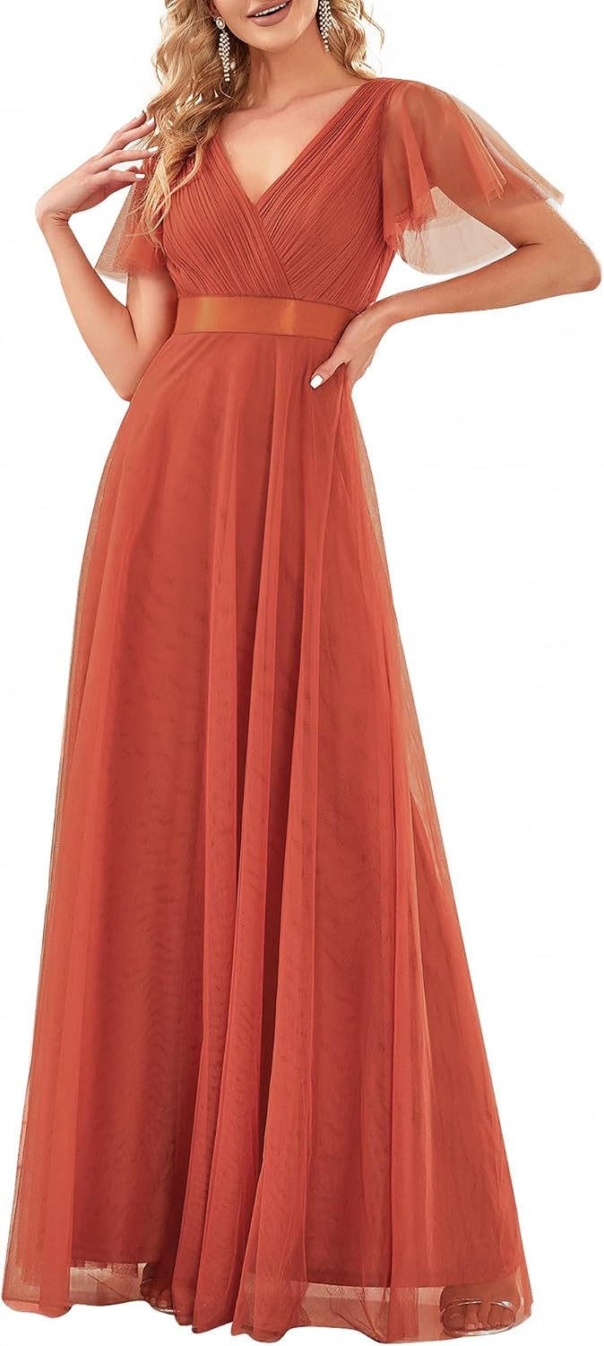 Ever-Pretty Women's Mother of Bride Dress Double V-Neck Empire Waist Front Wrap Tulle Bridesmaid Dress 07962