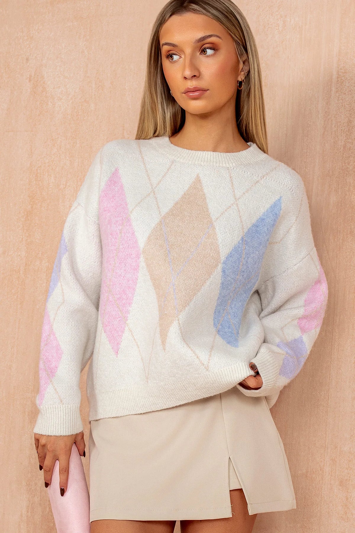 Zayla Cream Knit Argyle Jumper