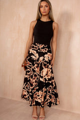 Una Black Abstract Print 2 In 1 Midi Dress