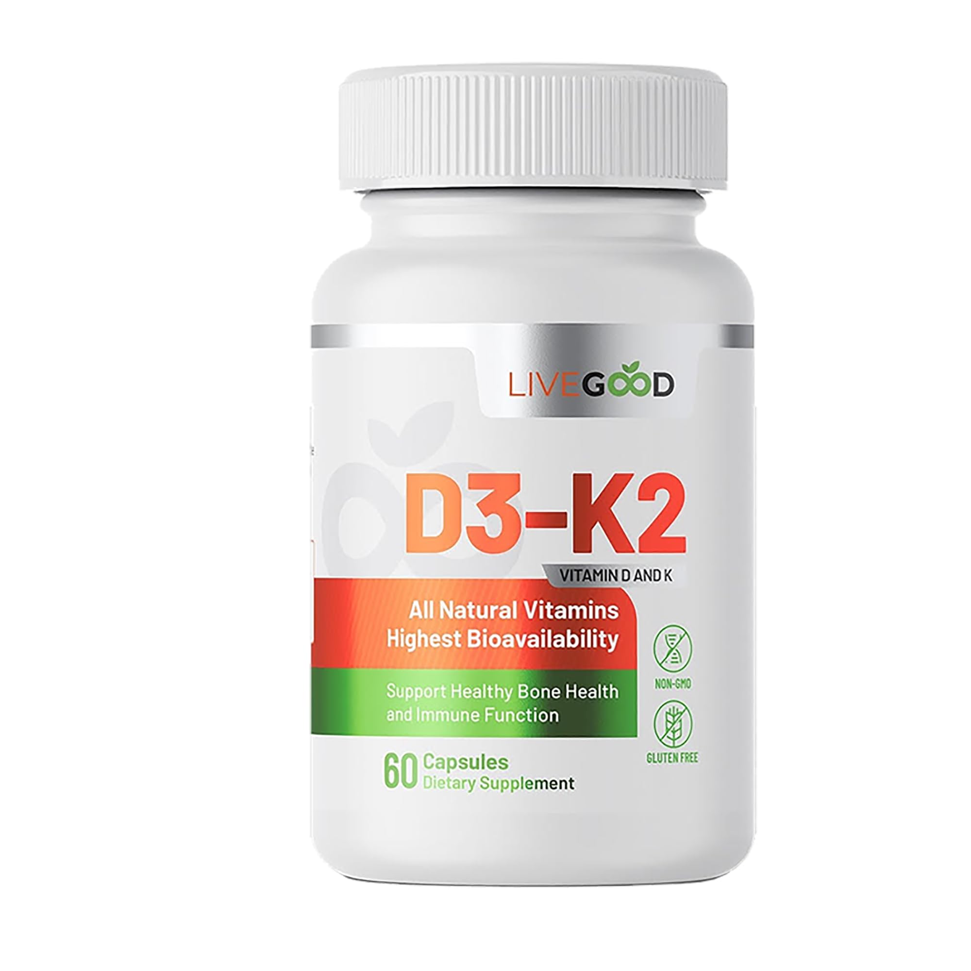 Vitamin D3 + K2 All Natural Bone, Muscle & Immune System Support, Vegan & Non-GMO, 60 Capsules