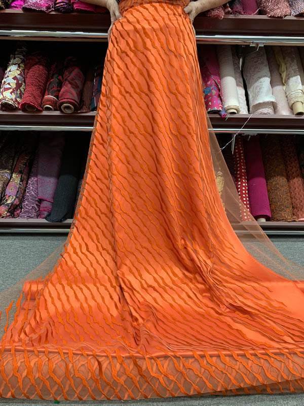J Mendel Italian Wavy Embroidered Novelty Tulle - Orange