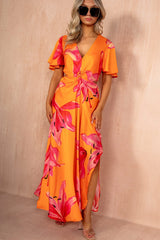 Josie Orange Satin Cut Out Midi Dress