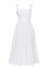 White Luna midi dress by Summer Away, featuring a flowy fabric, sleeveless design, and knee-length hemline perfect for summer wear.