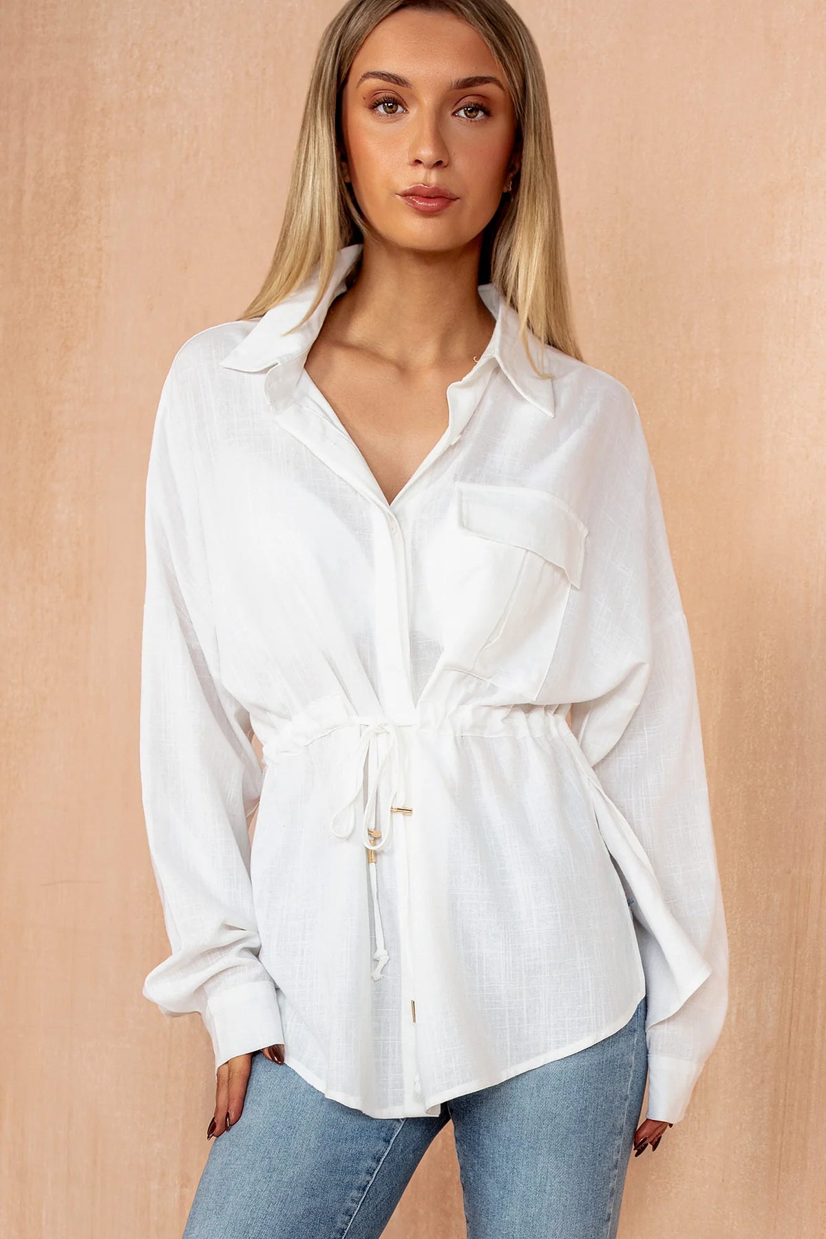 Lyra White Linen Drawstring Shirt