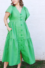 Kelly Green Flutter Sleeve Midi Dress
