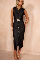 Nisha Black Chambray Belted Midi Dress
