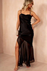 Isobel Black Satin Asymmetric Maxi Dress