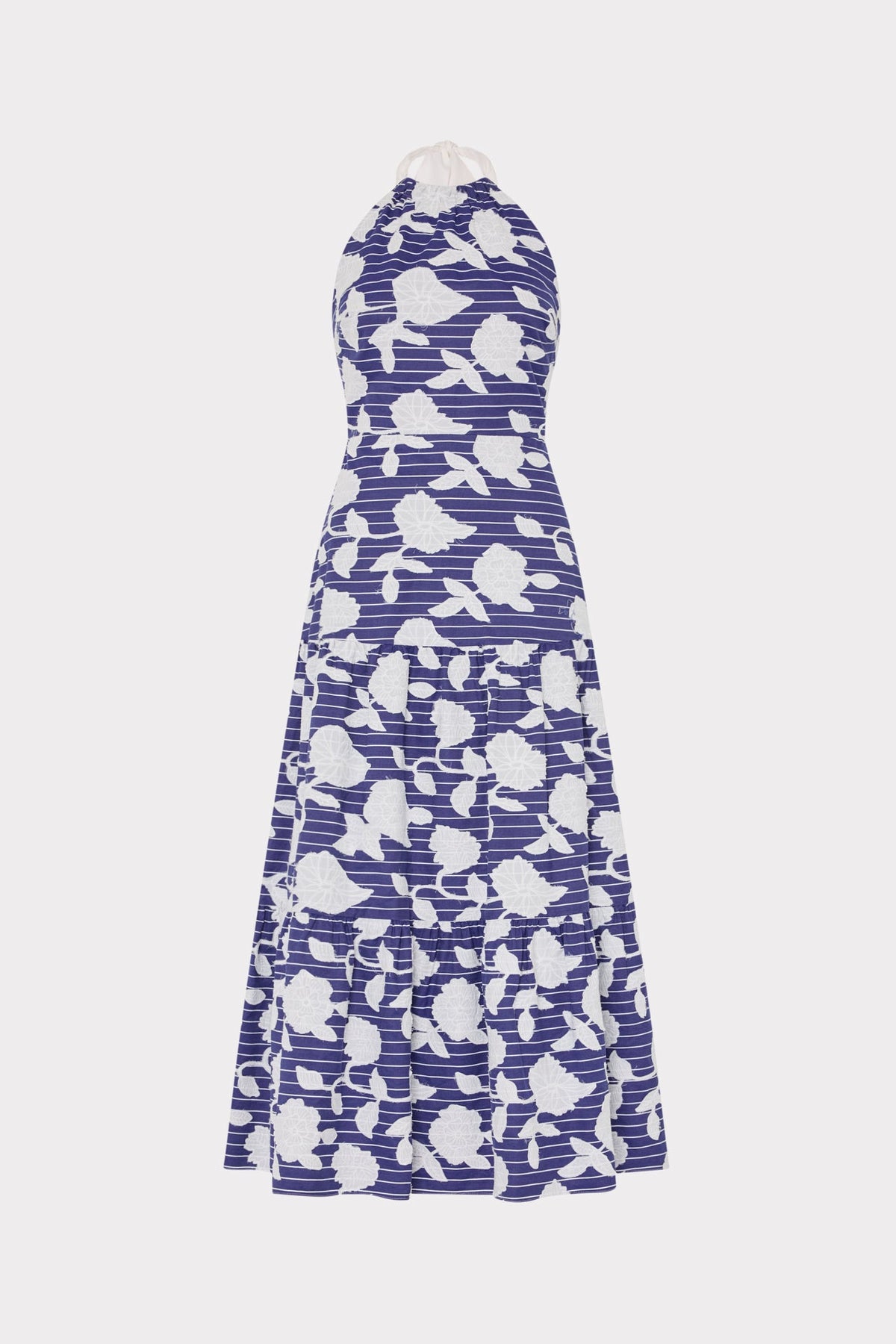 Blue White Floral Embroidered Hayden Halter Midi Dress - Front View | MILLY