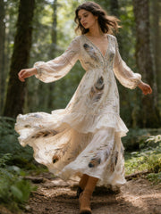 Vintage Boho Print V Neck Long Sleeve Flowy Maxi Dress