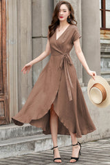 Brown Linen Wrap Dress – Handmade Summer Vintage Elegance 5761