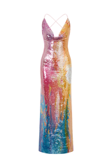 Sudi Etuz maxi backless sequin dress in summer gradient with shimmering sequins and flowing silhouette.