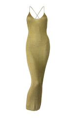 Light gold sparkly knit maxi dress by Natalia Fedner, featuring a shimmering, elegant design perfect for formal occasions.