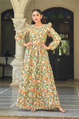 Designer Floral Printed Maxi Dress | Modest Fashion Long Sleeve Gown for Women