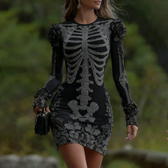 Women's Halloween Skeleton Bones With Black Rose Art Cozy Knit Mini Sweater Dress artswardrobe
