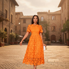 hot orange  puff sleeve lace midi dress women