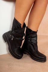 Hanora Black Leather Look Chunky Ankle Boots