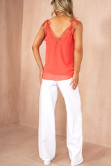 Oakley Coral Chiffon Lace Tie Shoulder Top
