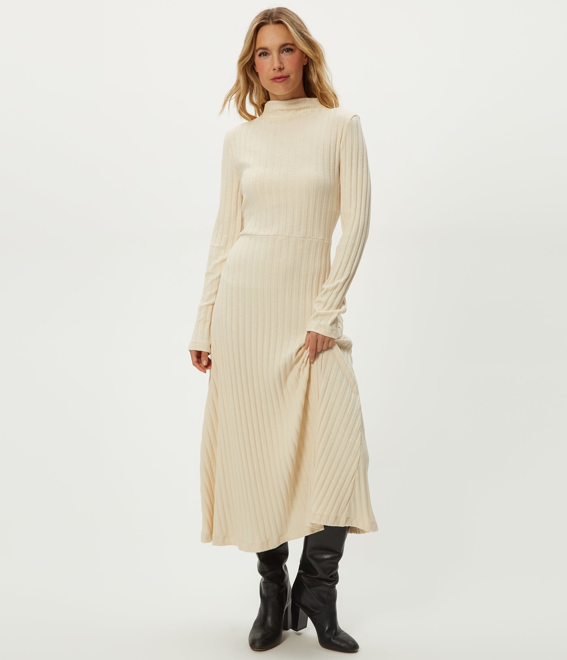 Lenox Mock Neck Midi Dress in Chalk White Close Up View #CHALK