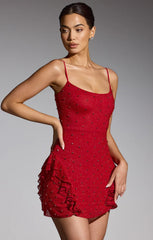 Oh Polly Domblans Embellished Frill Mini Dress in Red