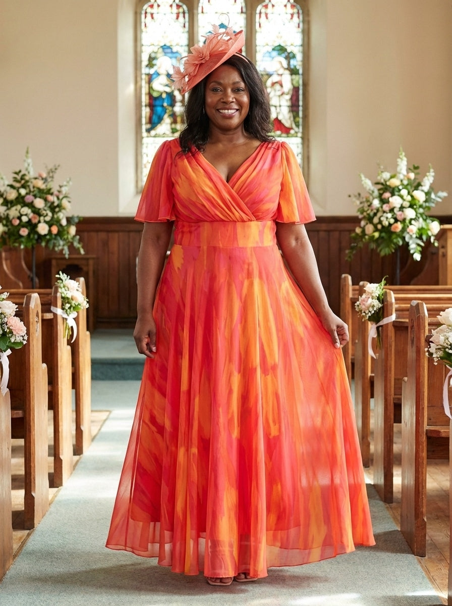 Isabelle Orange Pink Yellow Print Float Sleeve Maxi Dress — wrap V-neck fit, MagicBand®, sizes 12–32, wedding guest wear