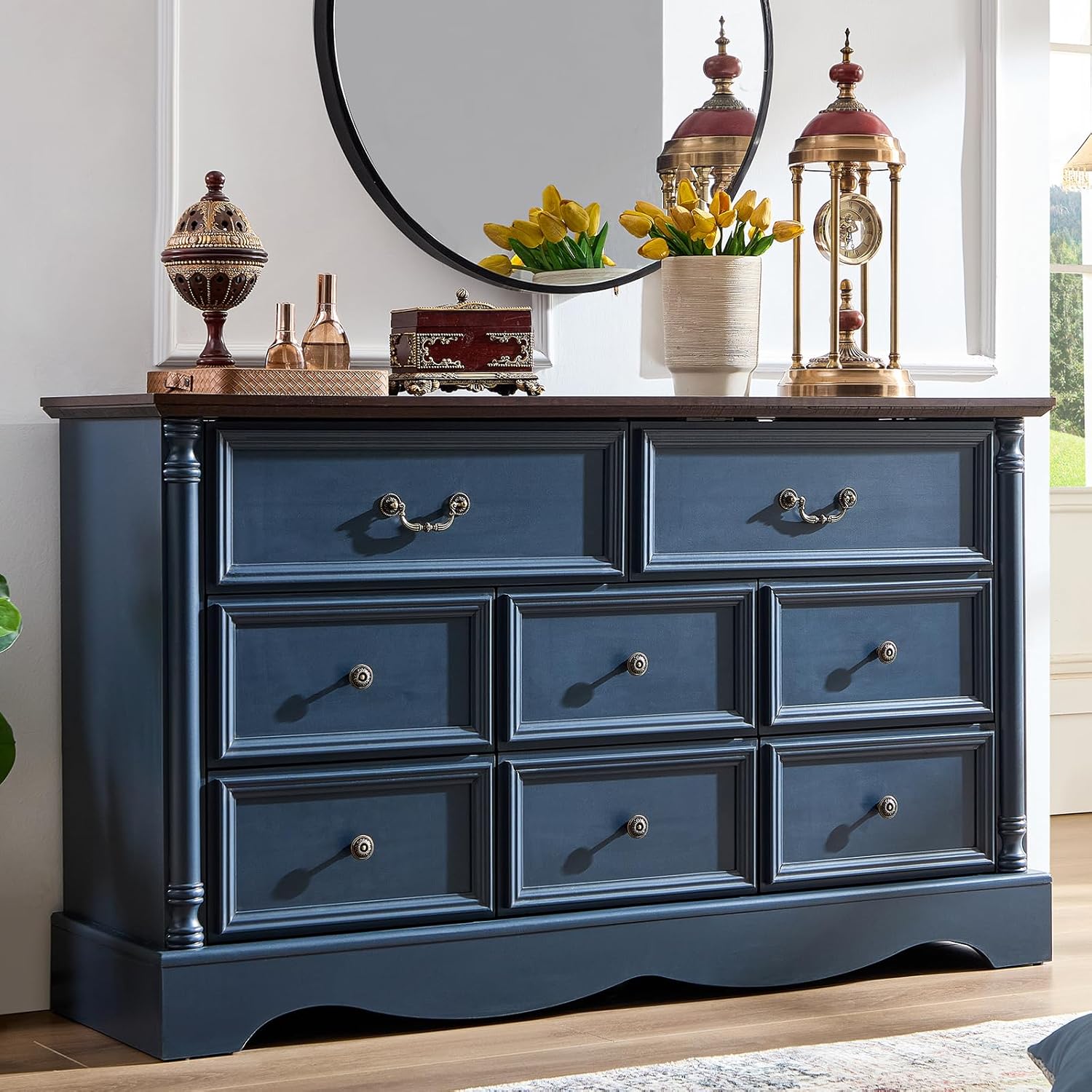 8 Drawers, 54" Wide Farmhouse Chest of Drawers with Charging Station, Refined Blue Finish Design, Modern Storage Organizer TV Stand for Bedroom, Living Room, Hallway, Indigo Blue