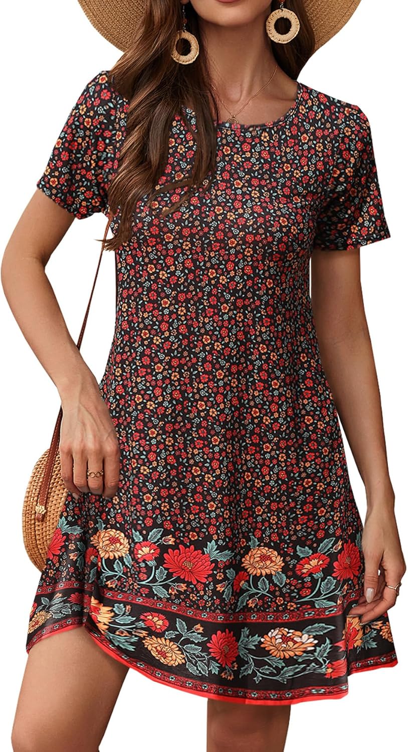 Sherosa Women's Summer Dresses 2026 Beach Boho Sundress Short Sleeve Loose Casual Tshirt Dress with Pockets