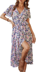 PRETTYGARDEN Women's Summer Floral Boho Maxi Dress Short Sleeve Wrap V Neck Ruffle Long Flowy Beach Wedding Guest Dresses