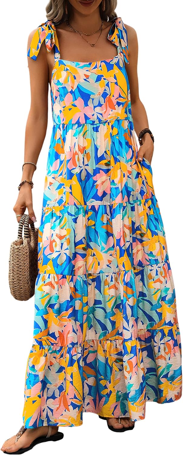 PRETTYGARDEN Women Dresses 2026 Summer Floral Sleeveless Maxi Dress Casual Spaghetti Strap Tiered Flowy Beach Long Dress