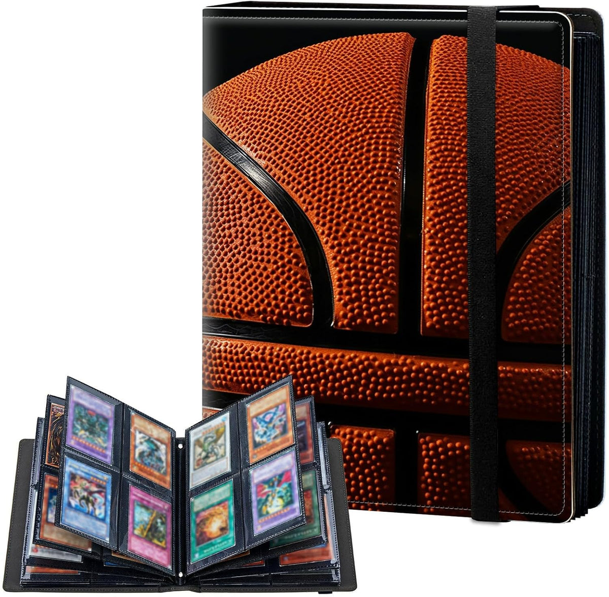 4-Pocket Card Binder 50 Pages Holds 400 Cards, Card Book Collector Album Folder for Yugioh, MTG, TCG, Cute PU Leather Trading Card Holder with Elastic Strap, Basketball Pattern