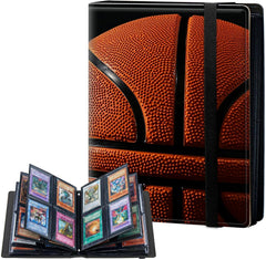 4-Pocket Card Binder 50 Pages Holds 400 Cards, Card Book Collector Album Folder for Yugioh, MTG, TCG, Cute PU Leather Trading Card Holder with Elastic Strap, Basketball Pattern