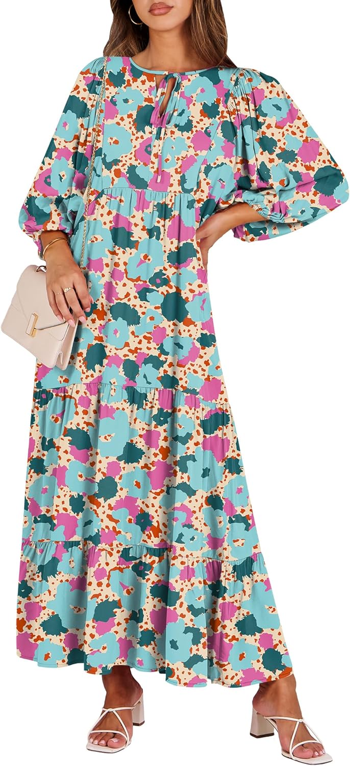 ANRABESS Womens Boho Maxi Dresses 2026 Summer V Neck Puff Sleeve Floral Flowy Swing Fall Casual Long Dress